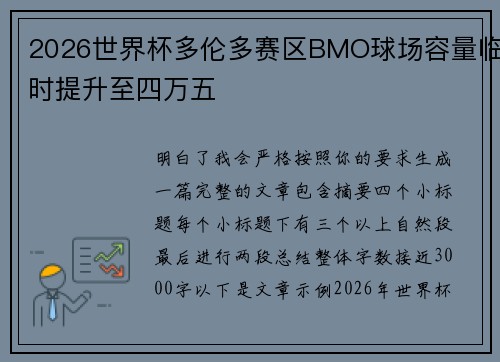 2026世界杯多伦多赛区BMO球场容量临时提升至四万五 2026世界杯多伦多赛区BMO球场容量临时提升至四万五